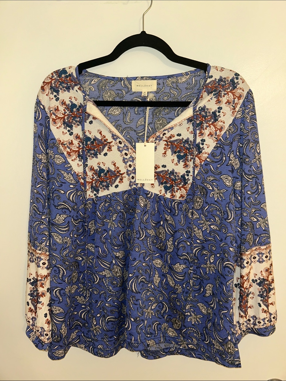 MELLODAY Blue Paisley & Floral Patchwork V-Neck Tunic